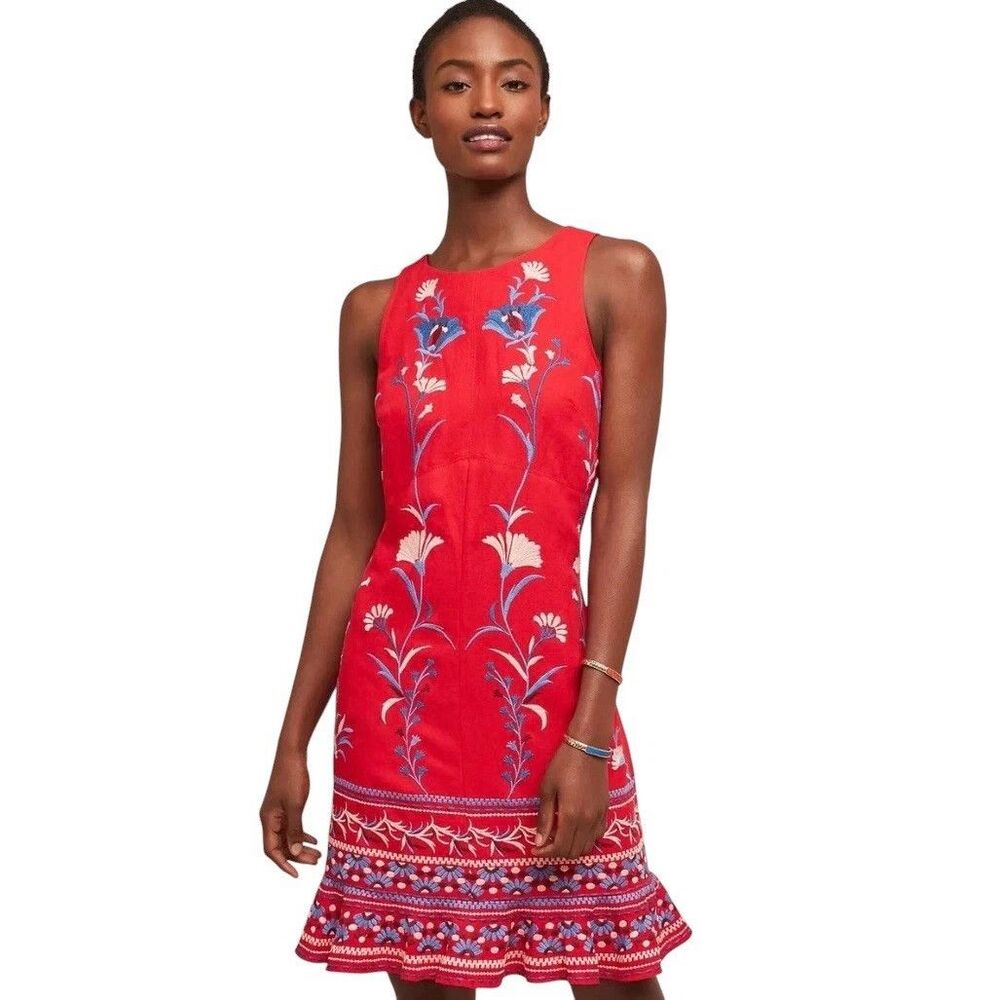 Anthropologie Akemi + Kin Dress Small Red Embroidered Floral Shift Boho Lined